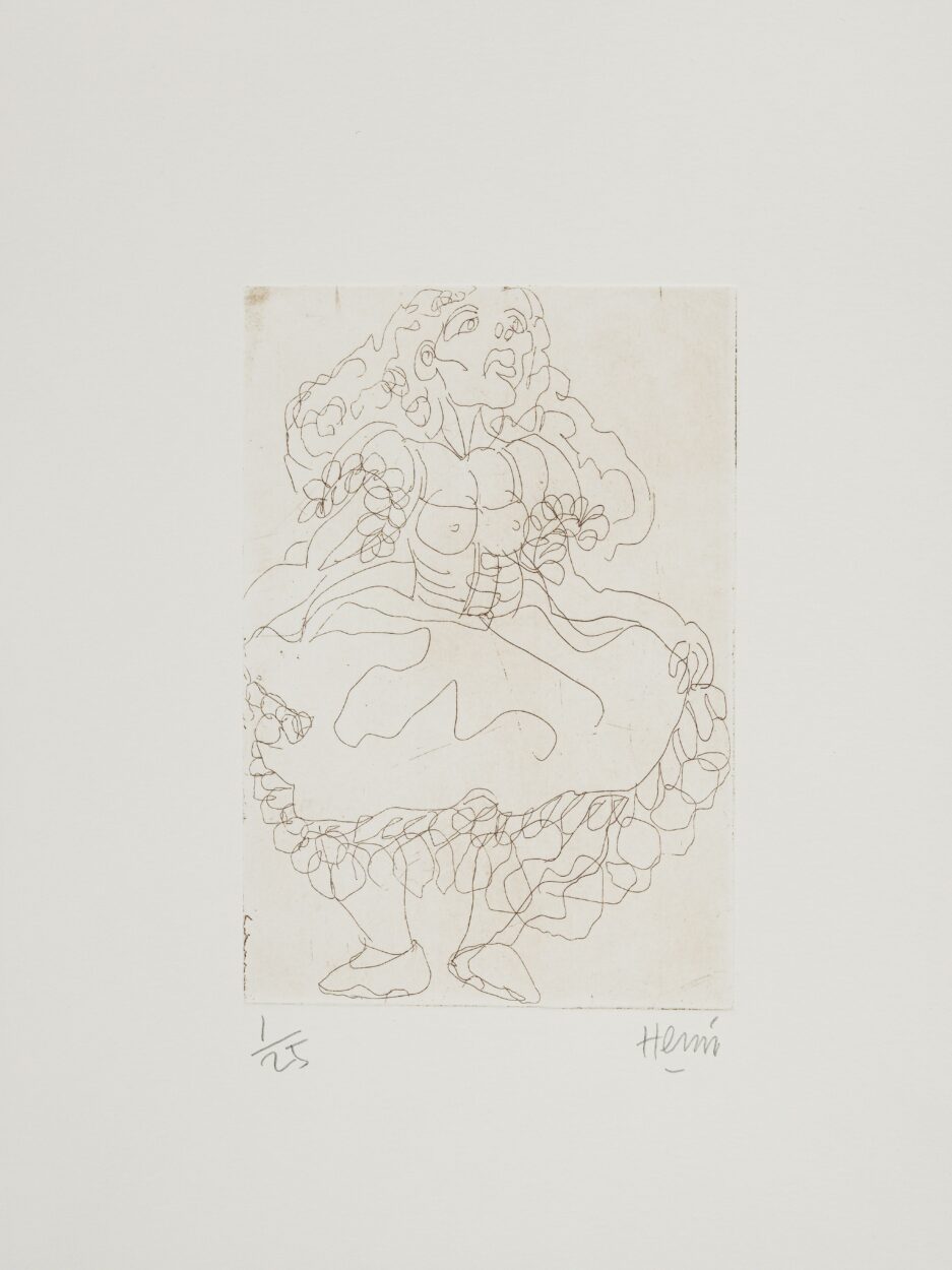 vieille aux cheveux longs frisés, en robe de danseuse, signée